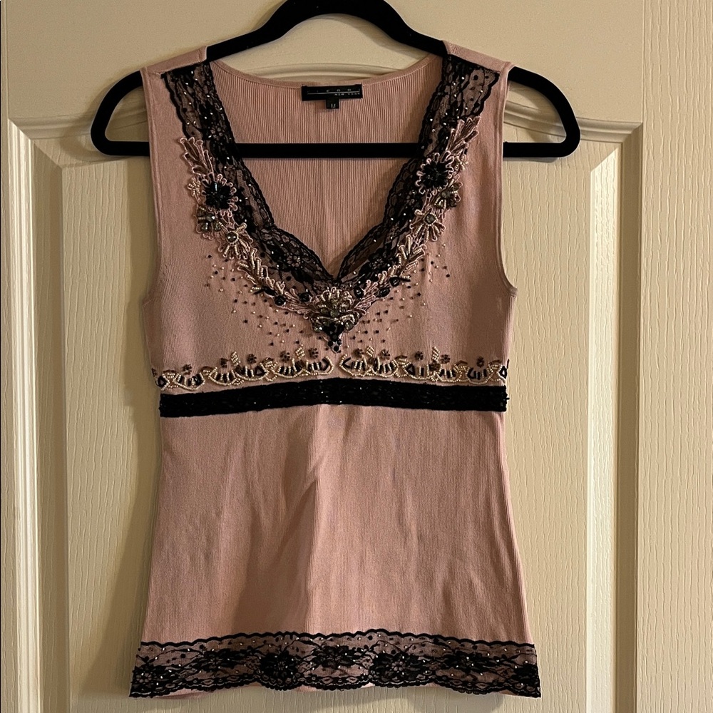 Pierri New York Pink Sleeveless V-Neck Top with Black Lace & Bead Detail